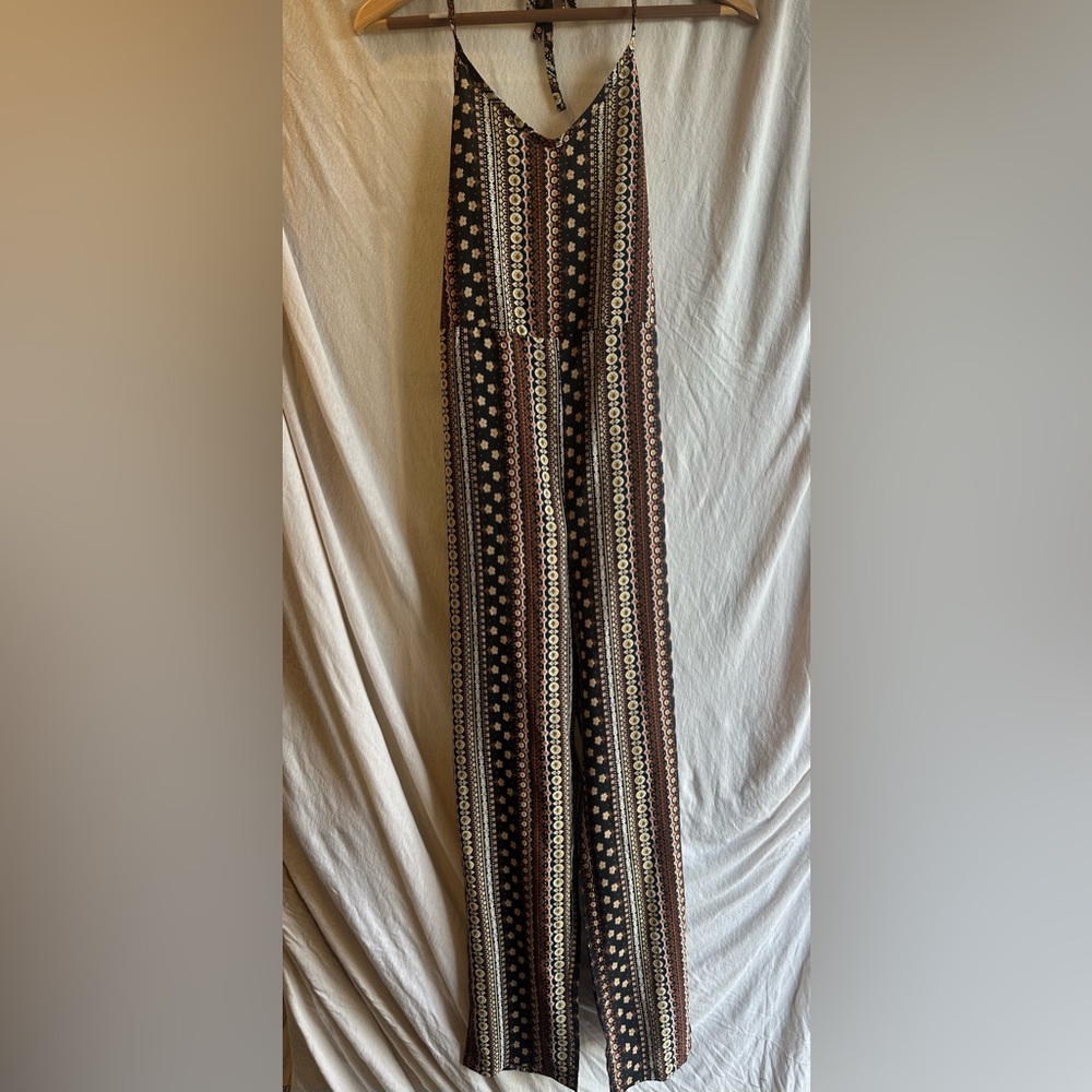 SHEIN Black and Cream Patterned Jumpsuit
